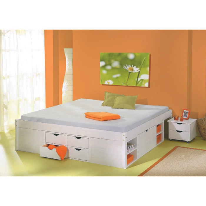 Letto matrimoniale con vani contenitore e comodino inclusi con ruote, 186.5 x 209 x 47.5, Bianco