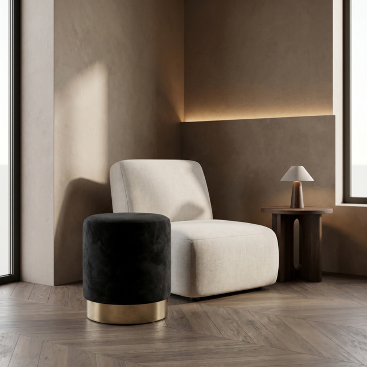 Pouf cilindrico in velluto con base dorata, sgabello imbottito elegante e resistente, seduta compatta salvaspazio, ideale per salotto camera ingresso e toeletta, design moderno glamour e versatile