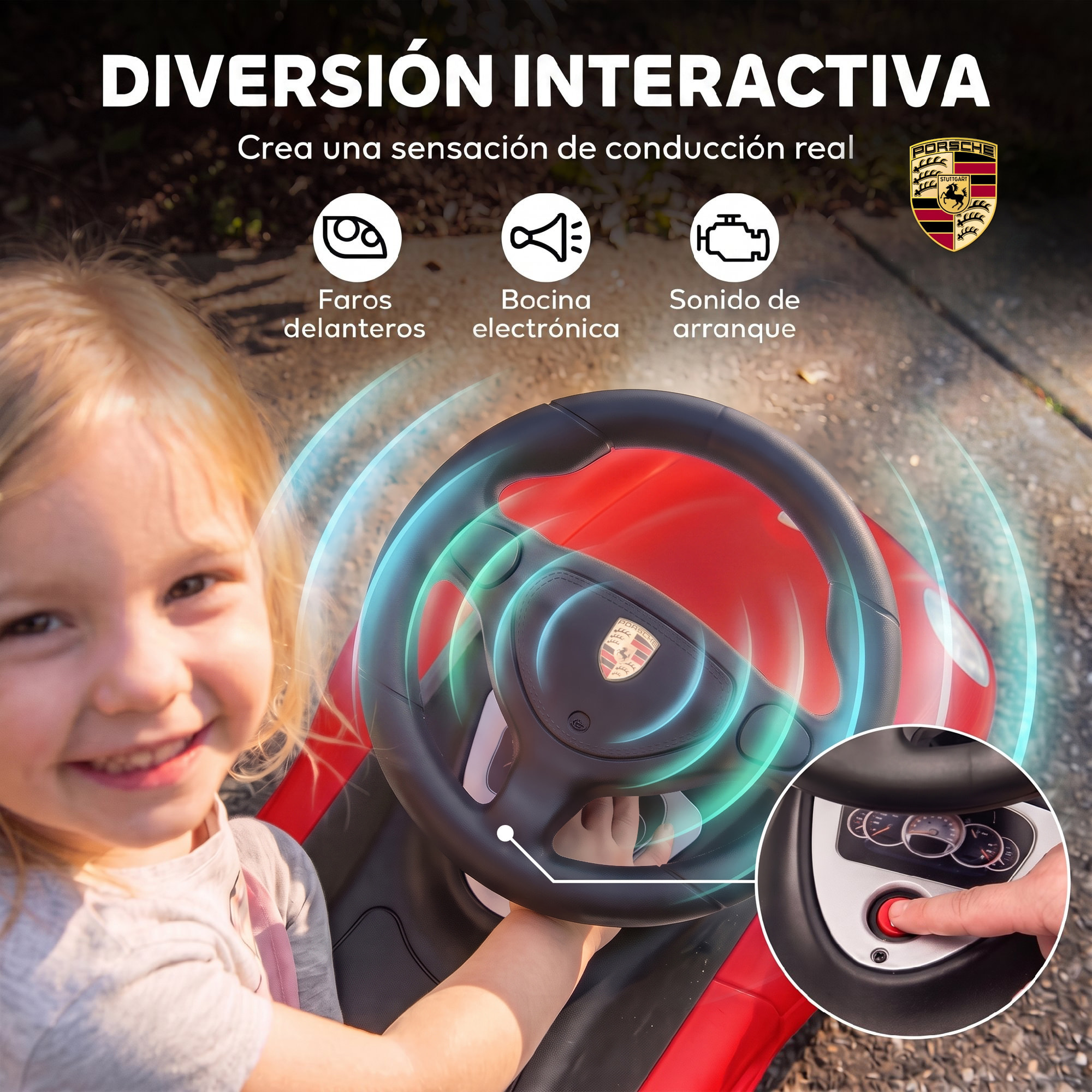 Correpasillos para Bebés de 18 a 36 Meses, Licencia de Porsche, Coche sin Pedales con 2 Faros, Bocina, Sonido de Arranque, para Interior y Exterior, 63x28,5x38 cm, Rojo