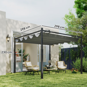 Pérgola de Jardín 3x3 m con Techo Retráctil y Accesorio Magnético, Cenador de Jardín con Protección UV30+, Columnas Metálicas y Ganchos, Pabellón para Patio, Terraza, Exterior, Gris