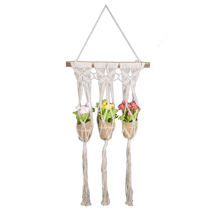 Portavaso pensile in tessuto 3 posti bianco con barra e senza vaso cm50x80/100