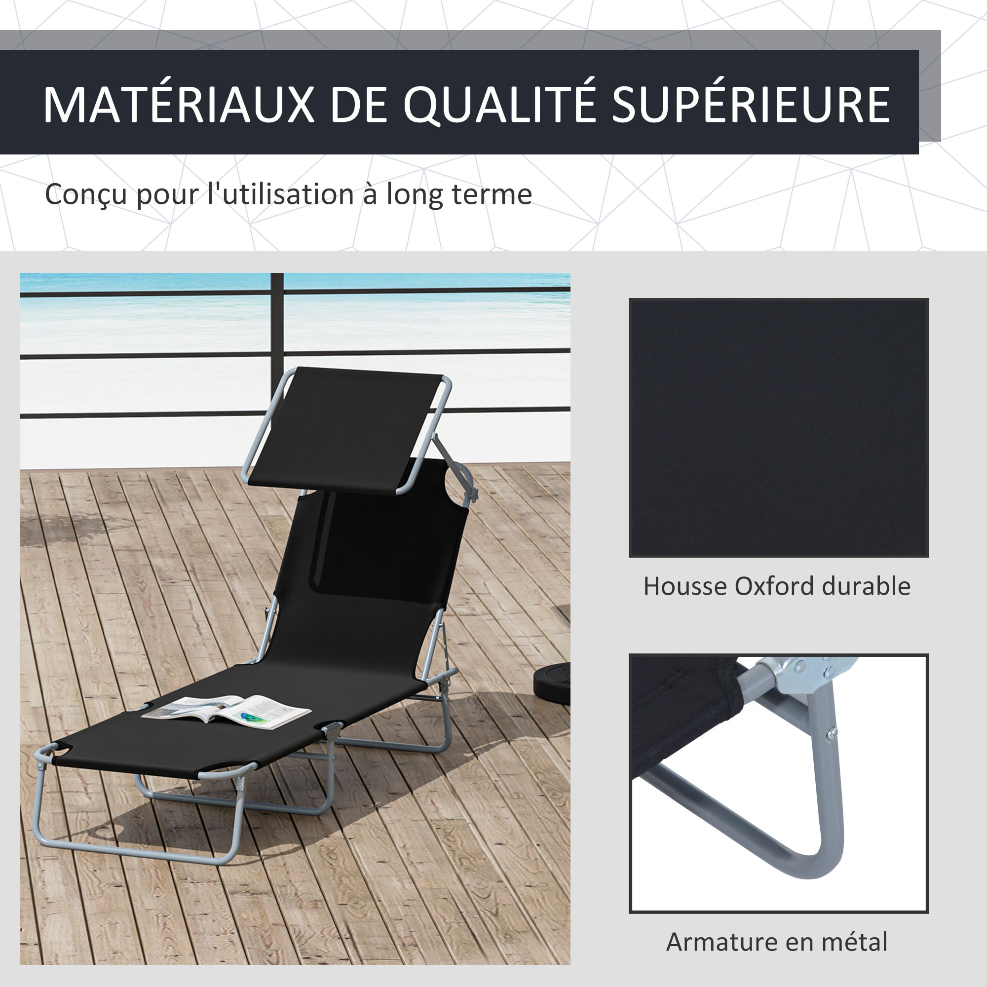 Transat bain de soleil pliable grand confort dossier et pare-soleil réglable multi-positions noir