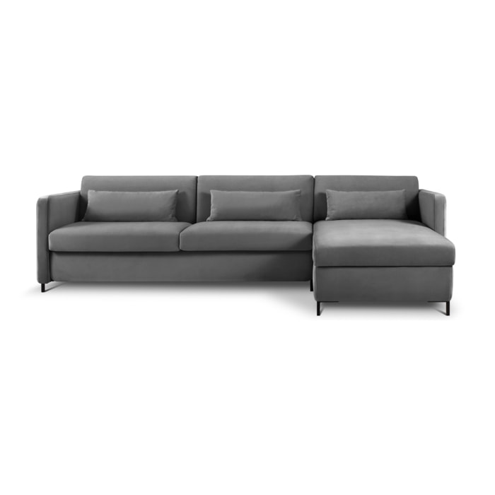 Canapé d'angle droit convertible "Yanis" 5 places en velours gris foncé