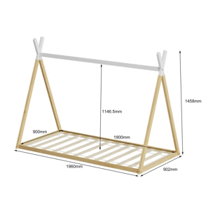 Lit Tipi 90 x 190 cm, couleur Blanc & Bois, En Bois de Pin Naturel, Robustesse et Durabilité, Stimule l'Imagination des Enfants