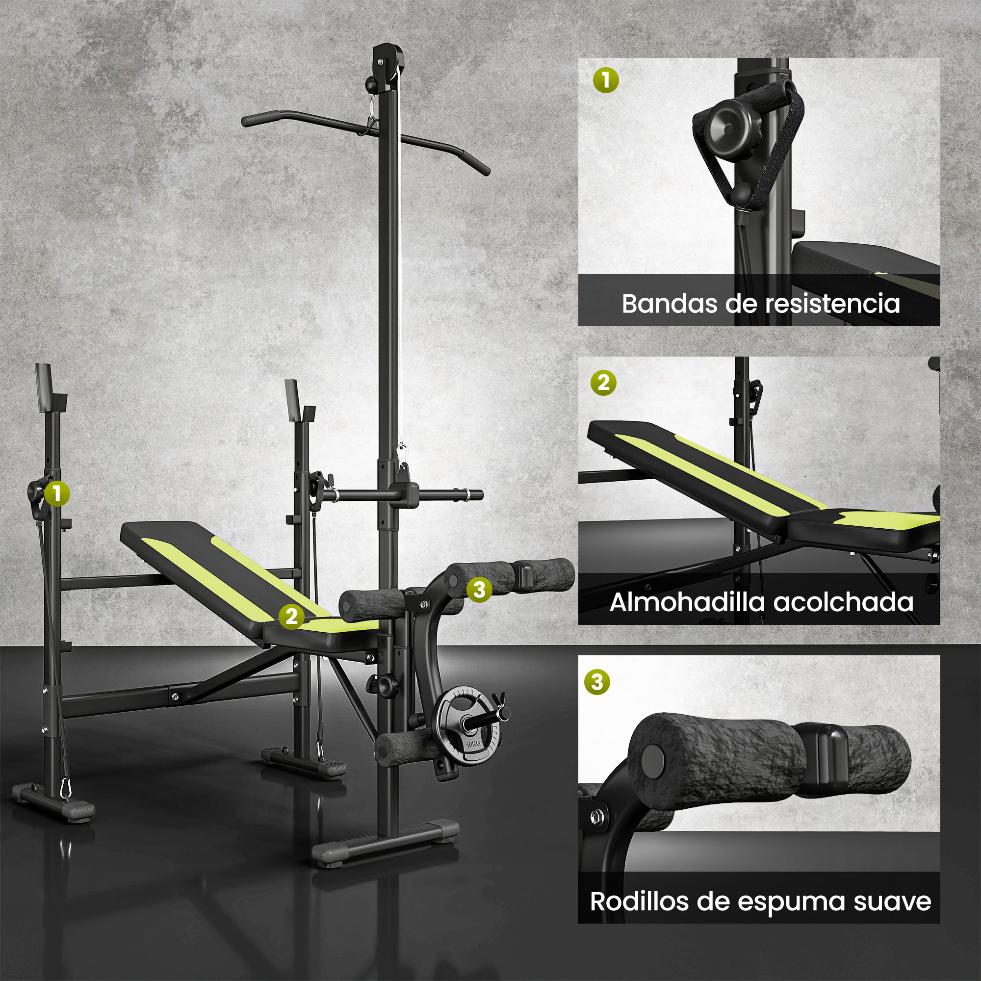 Banco de Pesas Multifuncional Banco de Musculación Reclinable con Altura Ajustable para Fitness Entrenamiento Completo en Gimnasio y Casa Carga 300 kg 175x110x202 cm Negro