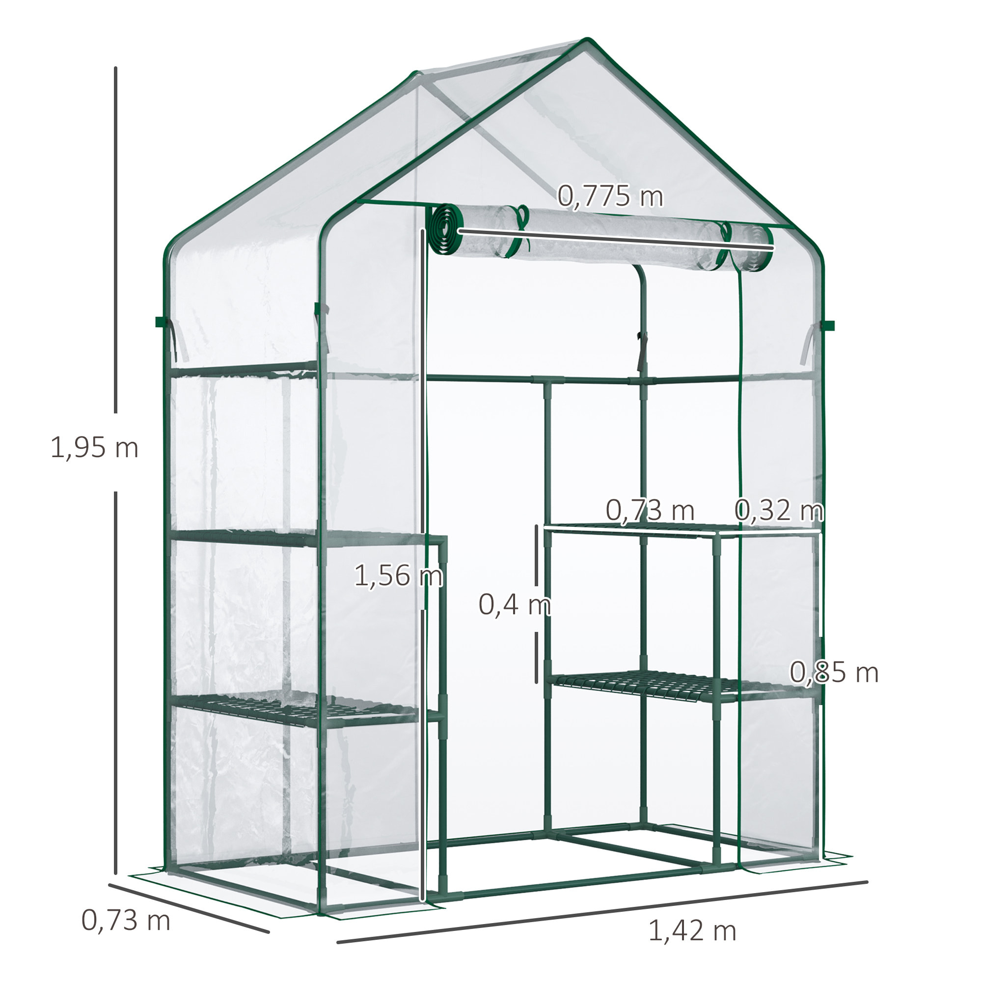 Serre de jardin 6 étagères - dim. 142L x 73l x 195H cm - porte - acier thermolaqué PVC haute densité anti-UV - transparent vert