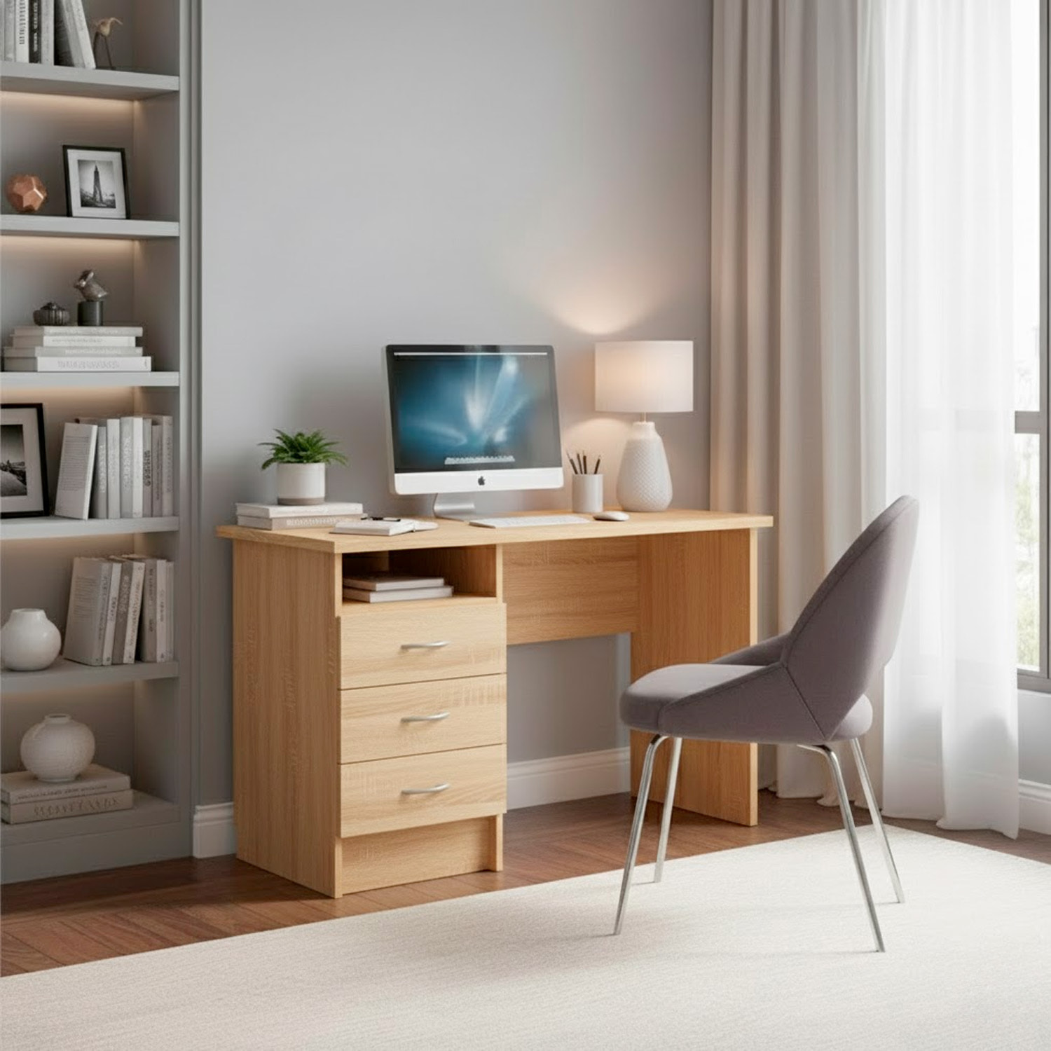 Scrivania Moderna Con 3 Cassetti E Vano a Giorno Desk Salvaspazio Per Home Office Studio E Cameretta Piano di Lavoro Ampio 120.1X48.1X72.6 Cm Rovere