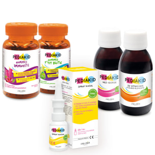 PEDIAKID - Pack Enfants Automne/Hiver - PEDIAKID Sirop Nez-Gorge + PEDIAKID 22 Vitamines & Oligo-éléments + PEDIAKID spray Nez-Gorge + PEDIAKID gommes immunité + PEDIAKID gommes P'tit Biotic