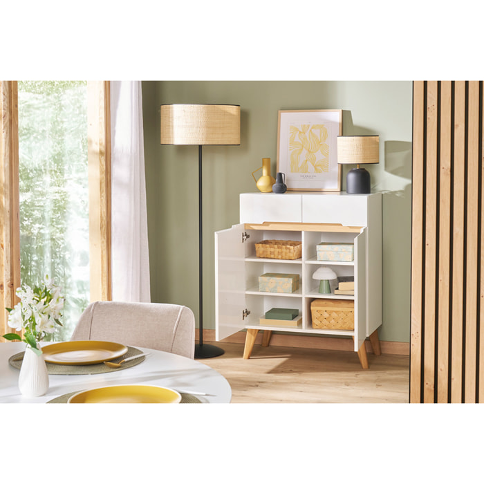 Buffet scandinave blanc laqué brillant et finition bois clair 2 portes 2 tiroirs L80 cm MELKA