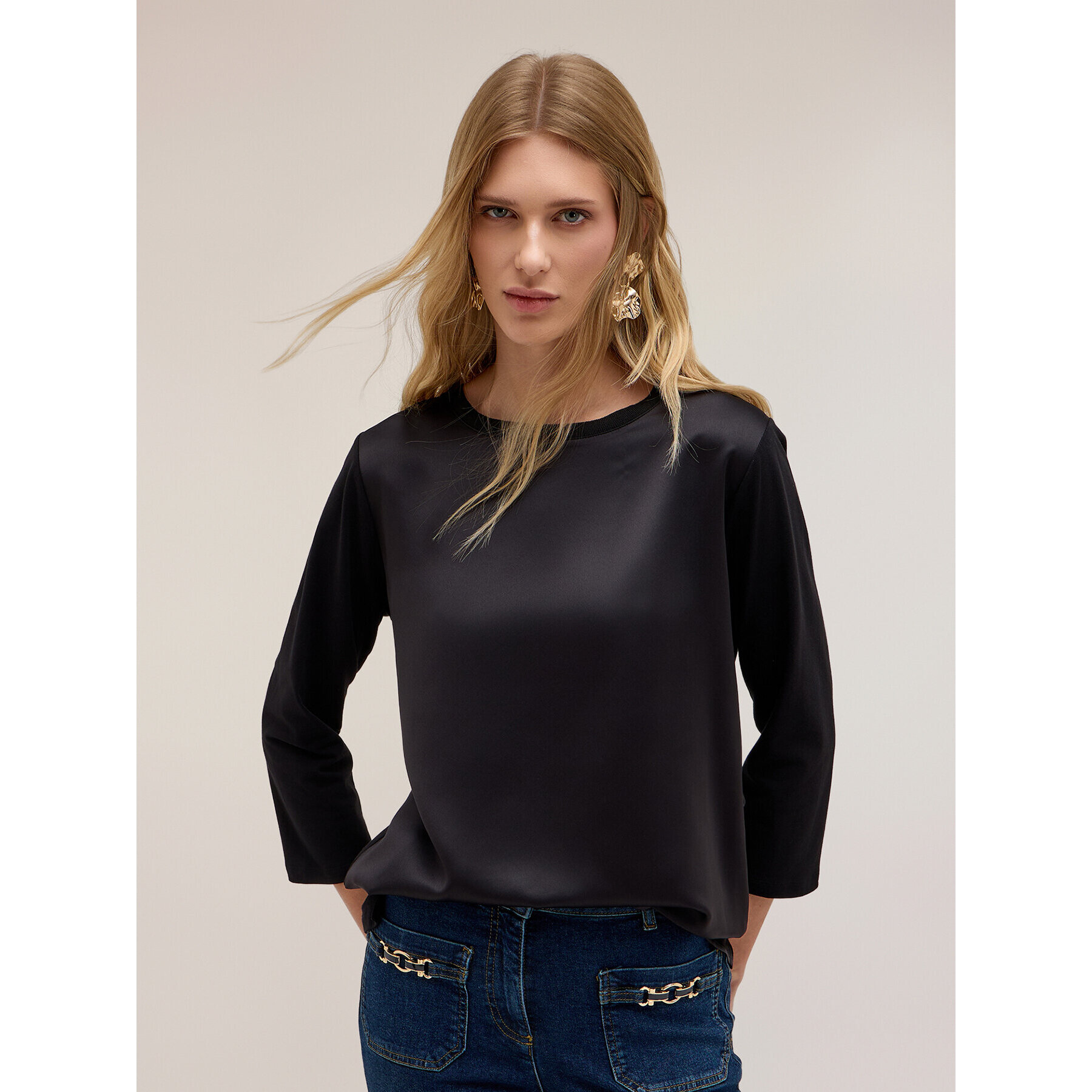 Motivi - Camiseta bimaterial de mangas de tres cuartos - Negro