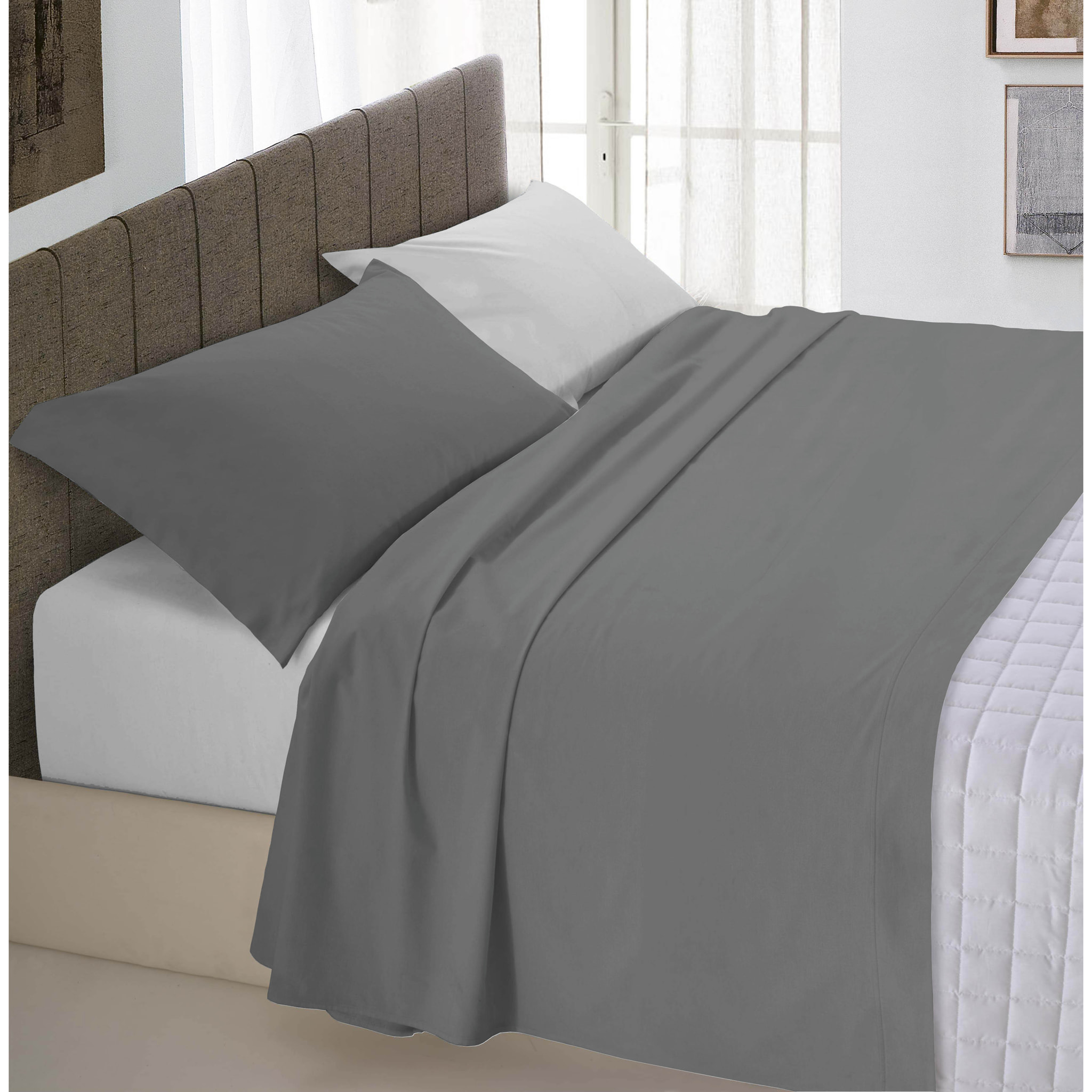 COMPLETO LETTO NATURAL COLOUR MADE IN ITALY COTONE-GRIGIO CHIARO/FUMO SINGOLO