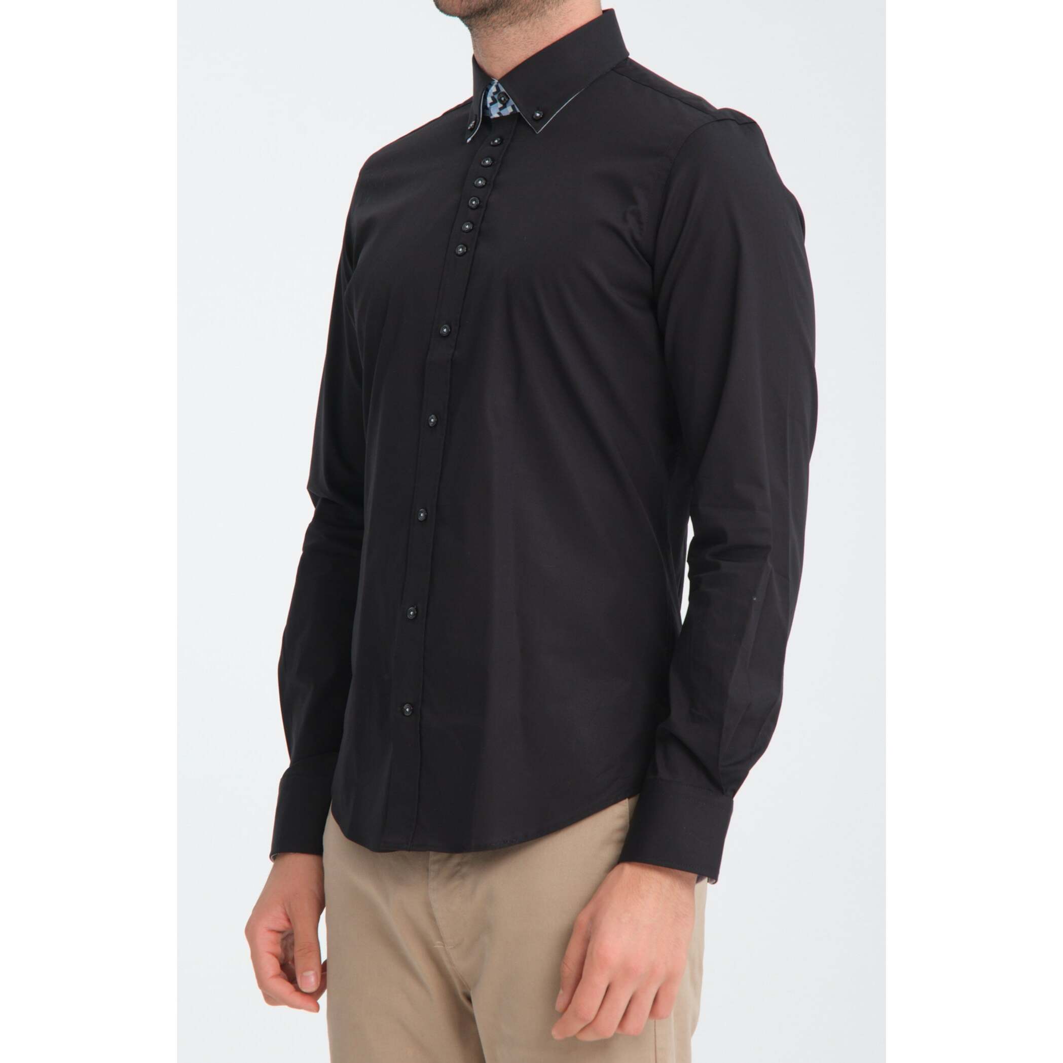 Camicia Uomo 1 Bottoni Button Down Slim Popeline Stretch Unito Nero