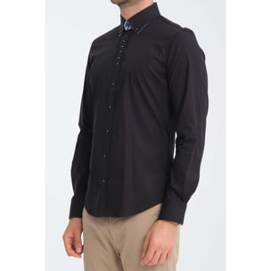 Camicia Uomo 1 Bottoni Button Down Slim Popeline Stretch Unito Nero