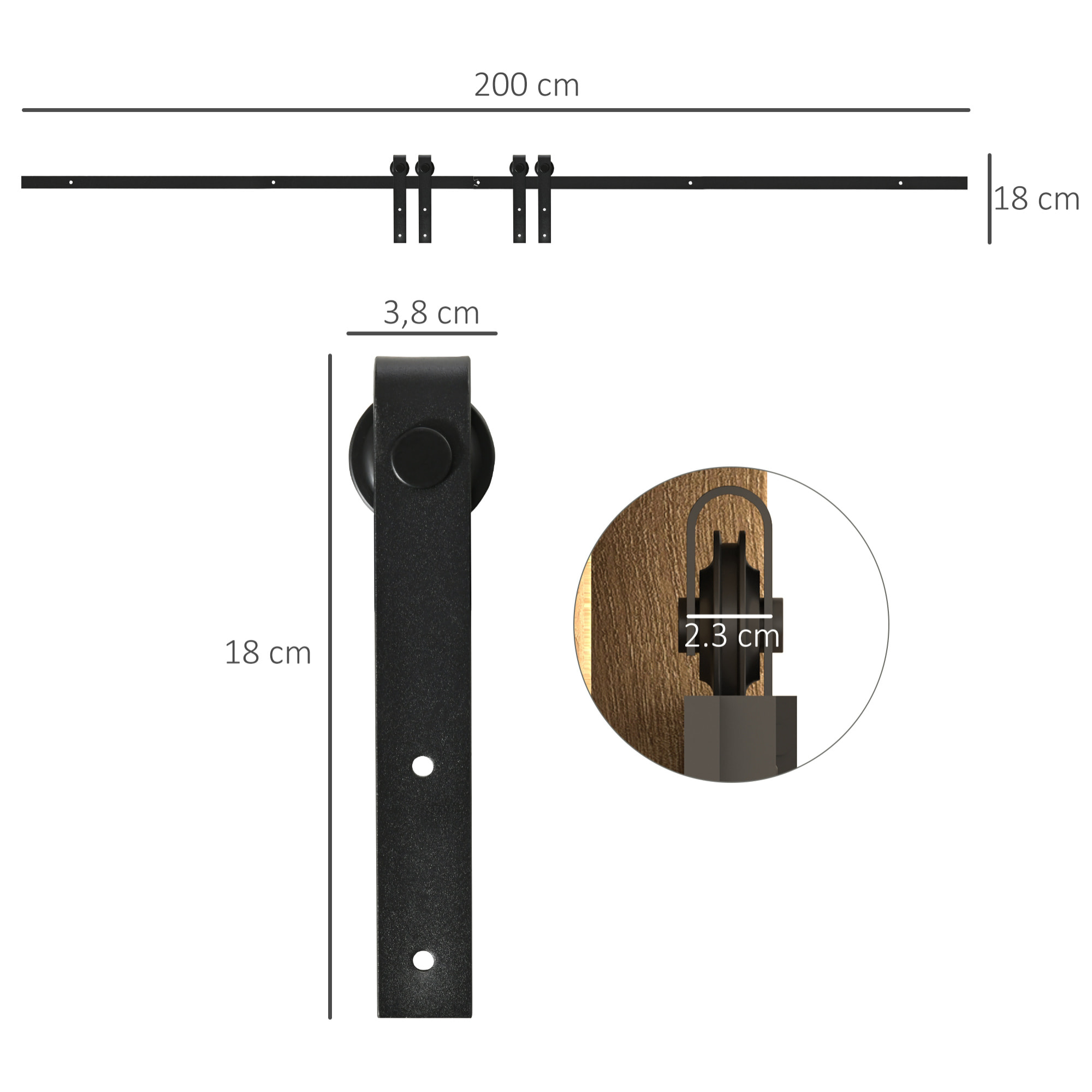 Herrajes Puertas Correderas 200 cm, Kit para Puerta Corredera Doble de Madera Ancho 50 cm, para Mueble de TV, Armario, Acero al Carbono, Negro