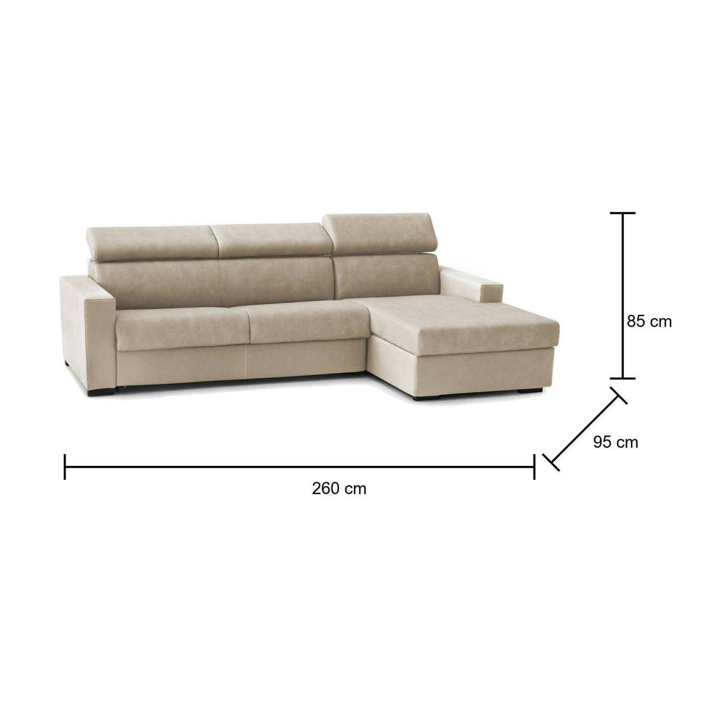 Divano Letto Alceste, Divano ad angolo, 100% Made in Italy, Sofà con apertura girevole, con Penisola contenitore Destra, con Braccioli slim, Cm 260x95h85, Beige