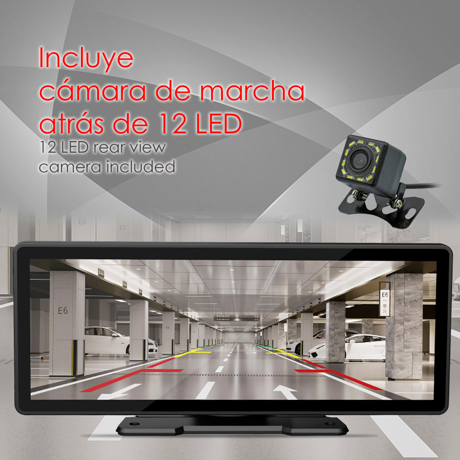 DAM Pantalla táctil B5303R para coche 10,2" HD. Android Auto/Car Play inalámbrico. Bluetooth MP5 con Mirror Link, dashcam frontal + trasera 12 LED. 24,45x2,5x9,8 Cm. Color: Negro