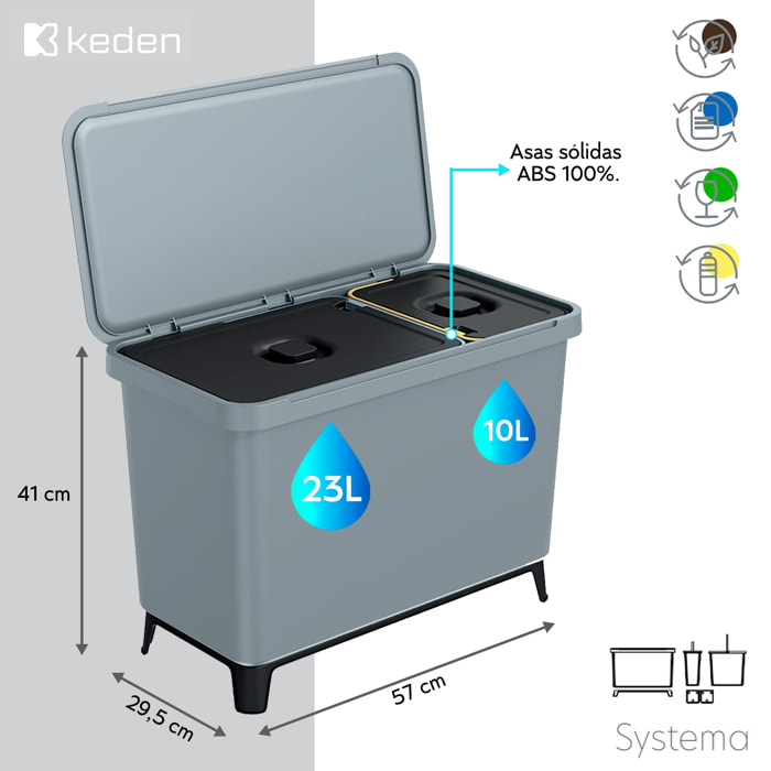Sistema clasificador de reciclaje 1x10l + 1x23l color gris keden