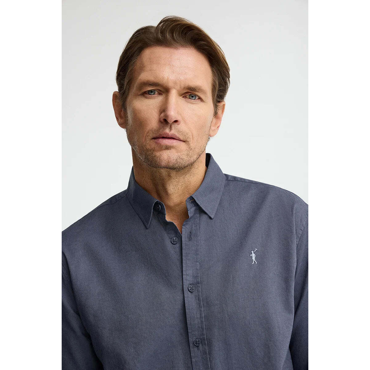 Camicia cotolino blu denim regular fit con logo Rigby Go