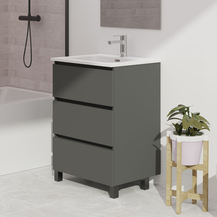 Conjunto de baño Wink | 60 cm Gris Mate | Tres cajones | Lavabo encastrado | No incluye espejo | Mueble montado | Alday