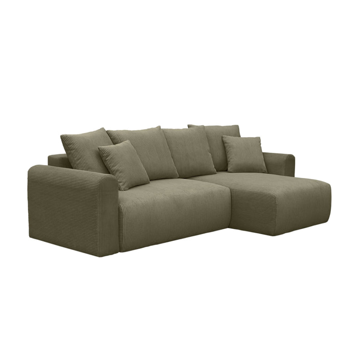 Canapé d'angle convertible réversible 3 places velours côtelé kaki avec coffre de rangement - Almo