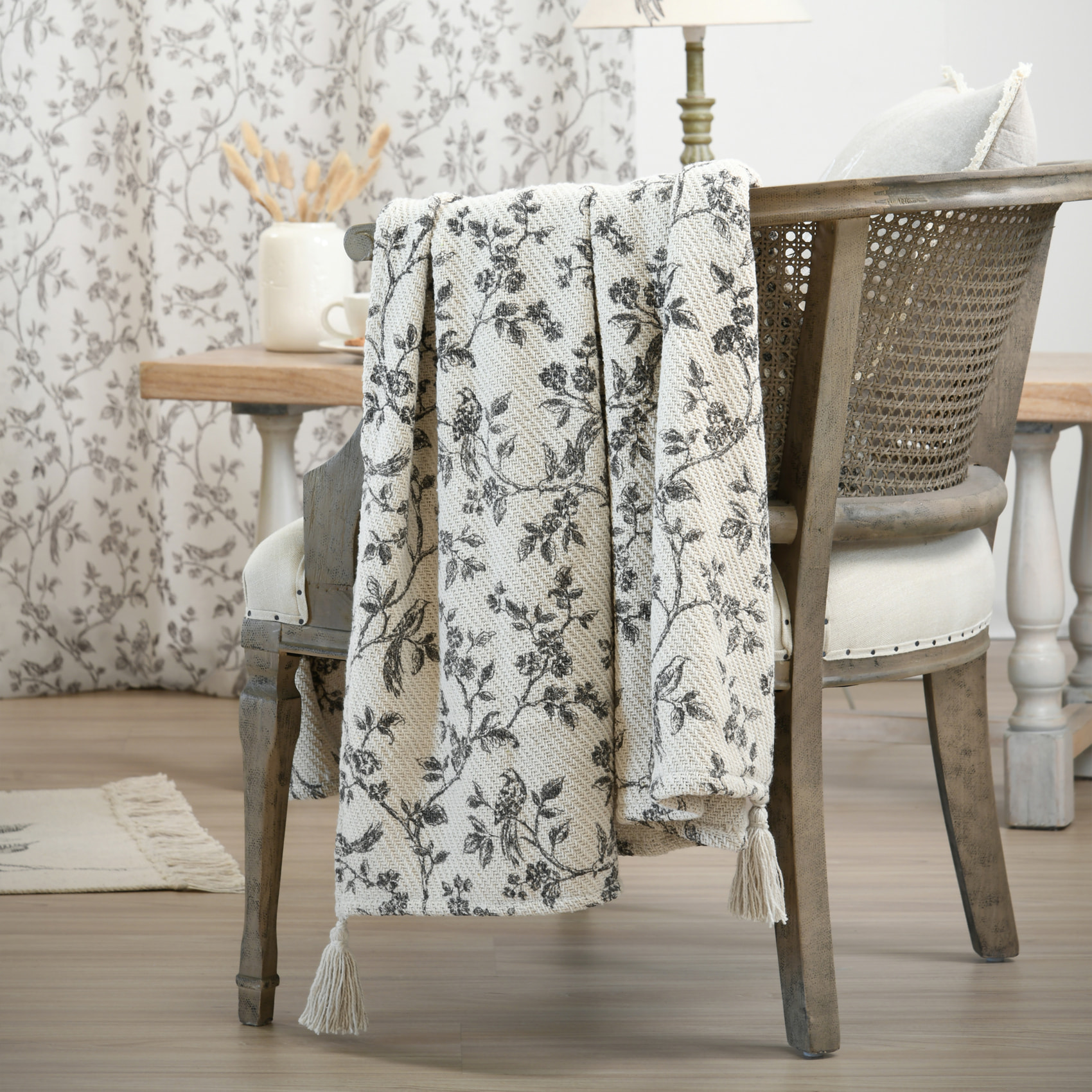 Plaid imprimé floral esprit campagne chic - Ecru