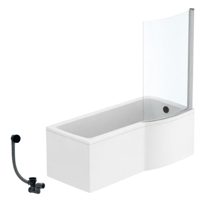 Pack baignoire bain douche 170 x 80 cm droite Connect Air + tablier + pare bain fixe + vidage Noir mat