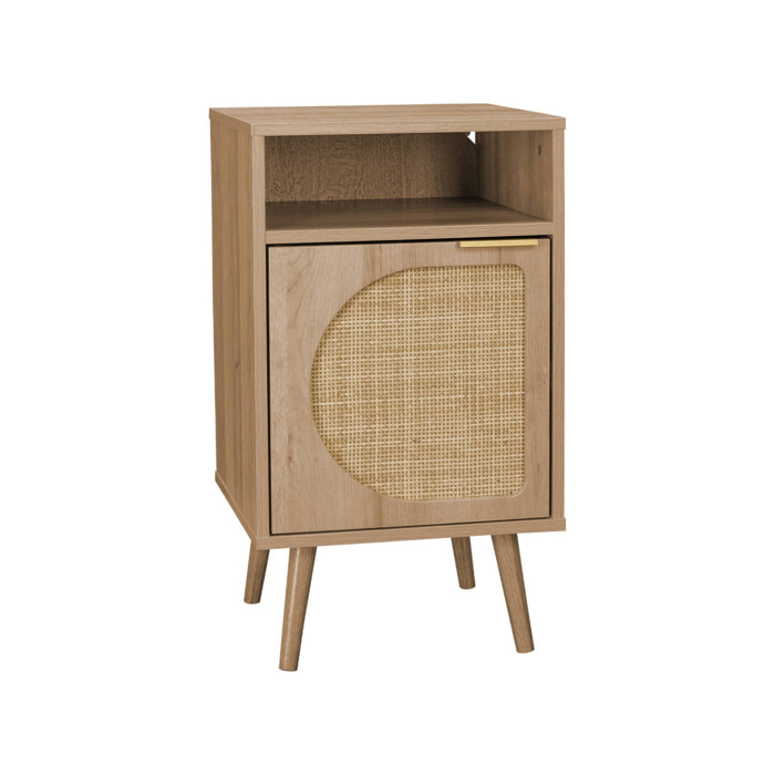 Table de chevet. Eva. décor bois et cannage arrondi. une porte. un espace de rangement. L40 x l39 x H70cm