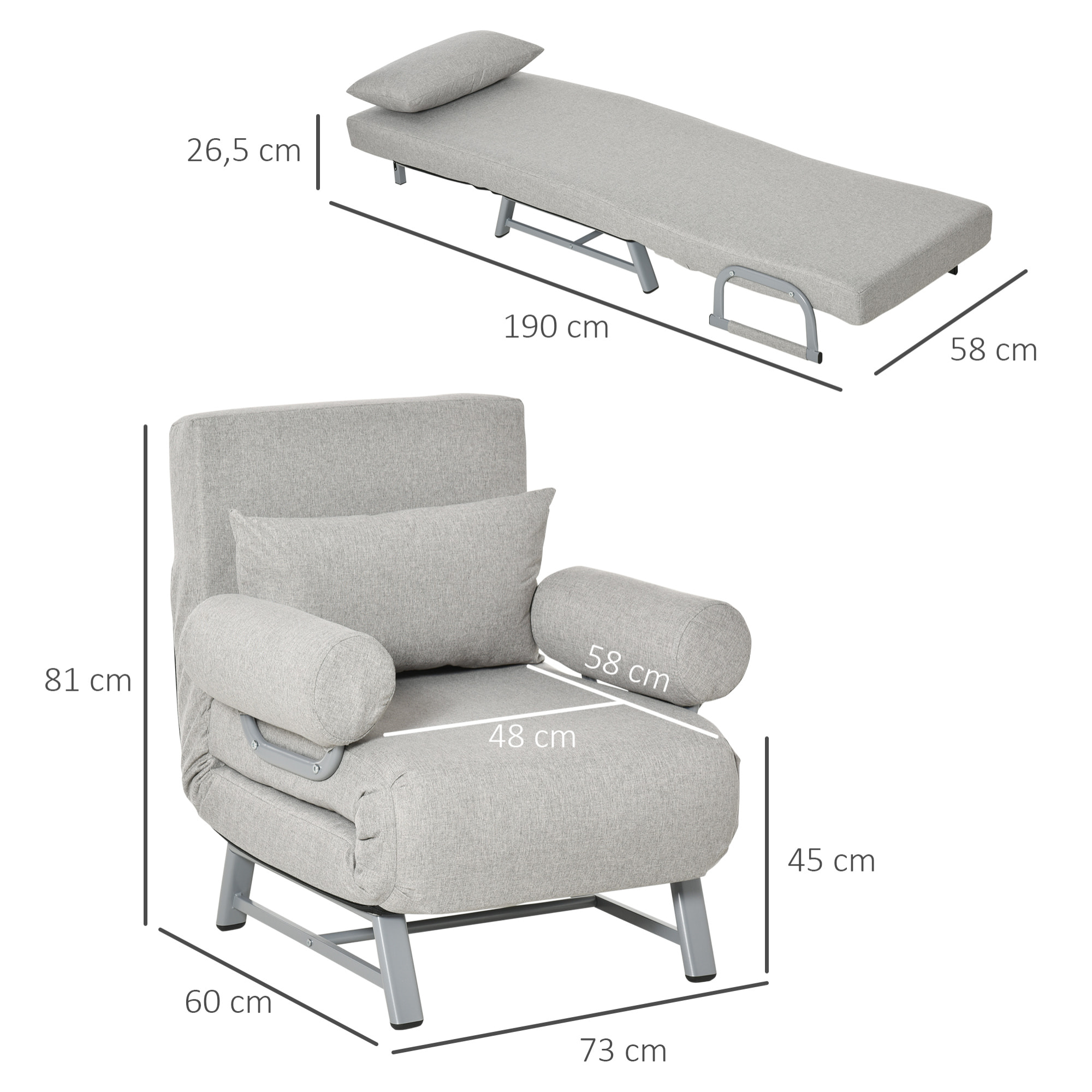 Fauteuil chauffeuse canapé-lit convertible inclinable 1 place grand confort coussin lombaires accoudoirs piètement métal lin gris clair