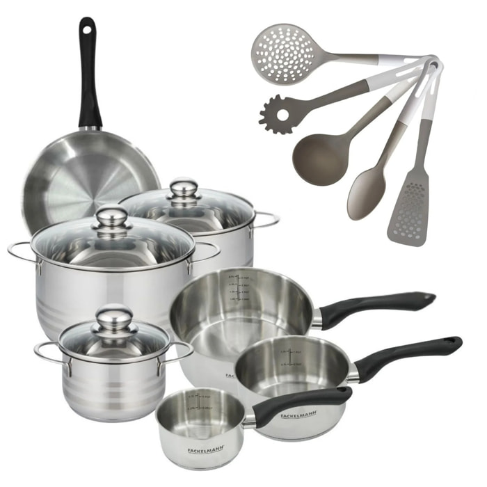 Set 1 poêle avec couvercle, 3 casseroles 12 16 20 cm, 3 faitouts 16, 20 et 24 cm en inox et 5 ustensiles Vario Fackelmann Geneva