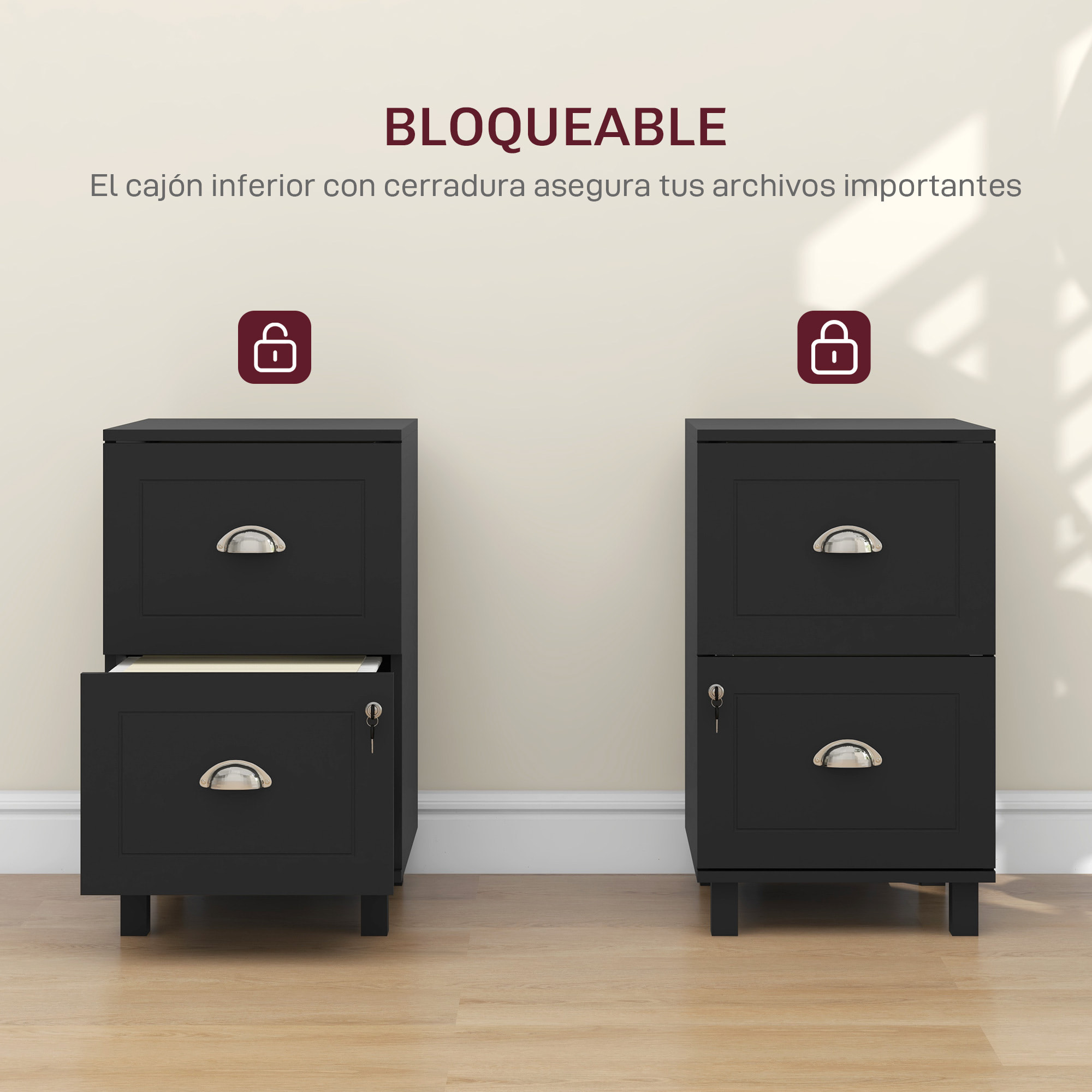 Cajonera de Oficina Mueble Archivador con 2 Cajones Cajonera para Escritorio con Cerraduras Carpetas Suspendidas para A4 y Carta 40x41,5x67,5 cm Negro