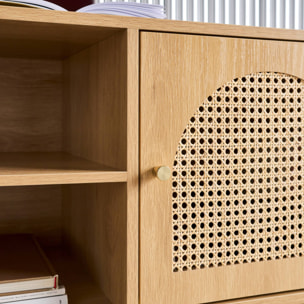 Meuble TV décor bois et cannage 2 portes teinte naturelle 140 x 40 x 60 cm - Judith