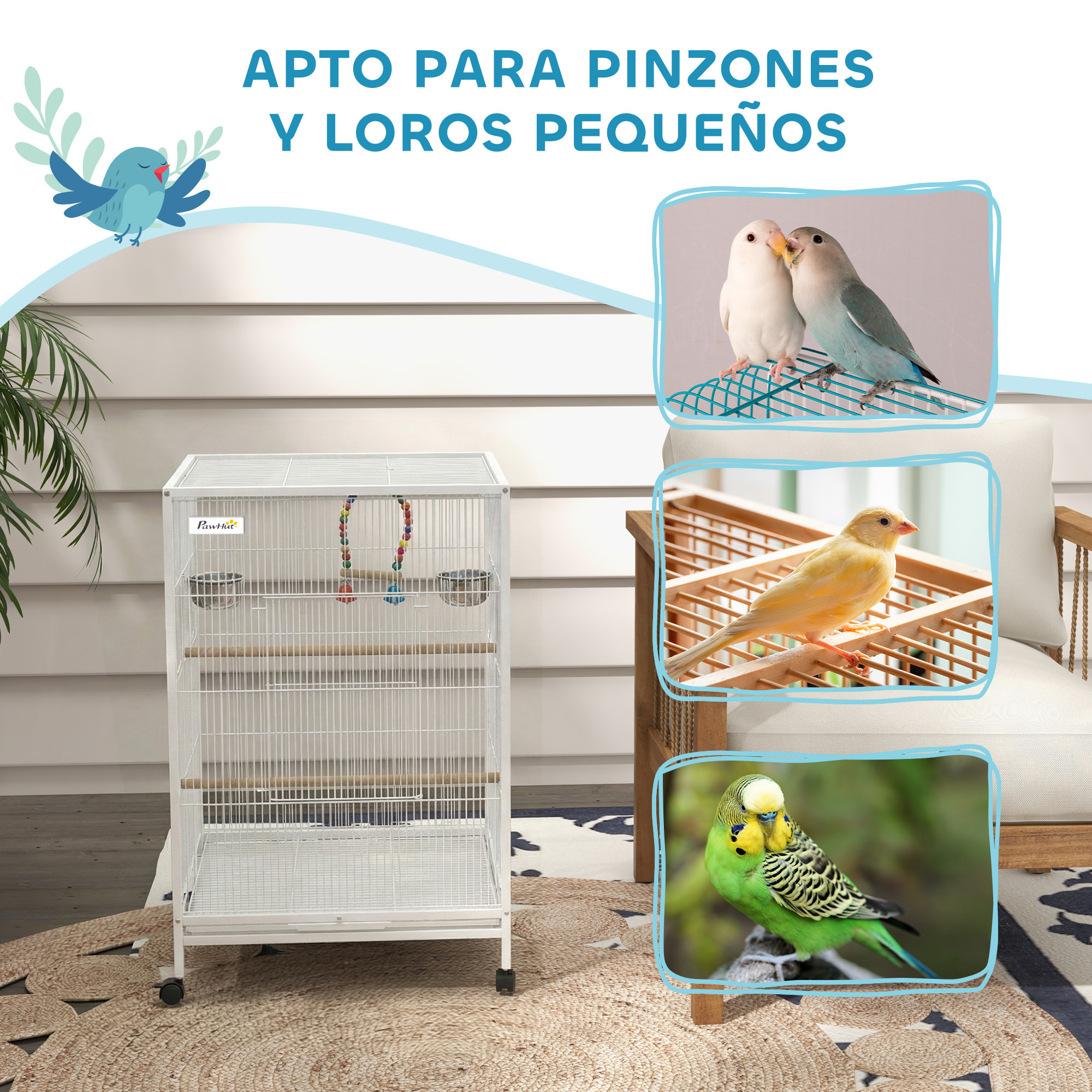 Jaula para Pájaros con Ruedas, Pajarera de Acero con Perchas, Columpio Bandeja Extraíble y Cuencos de Acero Inoxidable, Jaula Grande para Loros, Canario, Periquito, 48x46x78 cm, Blanco