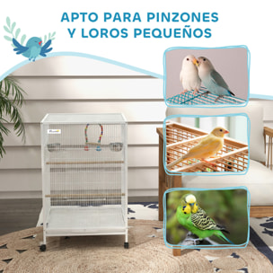 Jaula para Pájaros con Ruedas, Pajarera de Acero con Perchas, Columpio Bandeja Extraíble y Cuencos de Acero Inoxidable, Jaula Grande para Loros, Canario, Periquito, 48x46x78 cm, Blanco