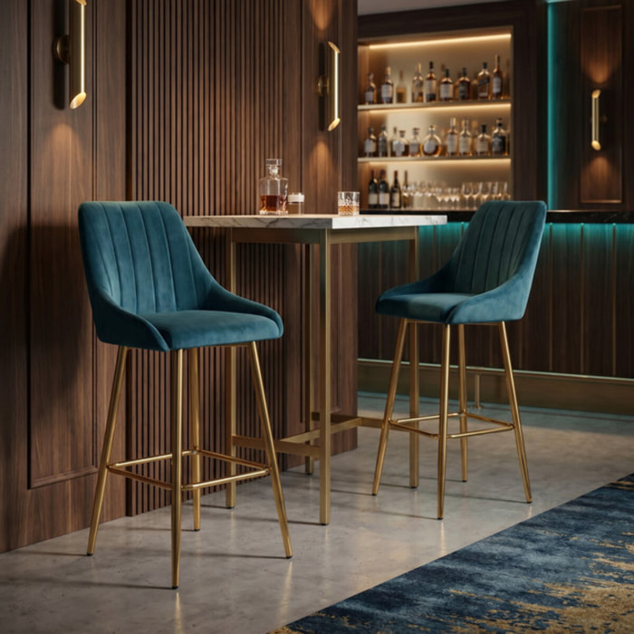 Sgabello Alto Imbottito in Effetto Velluto con Schienale e Poggiapiedi, Design Moderno per Penisola, Isola Cucina, Bancone Bar e Snack