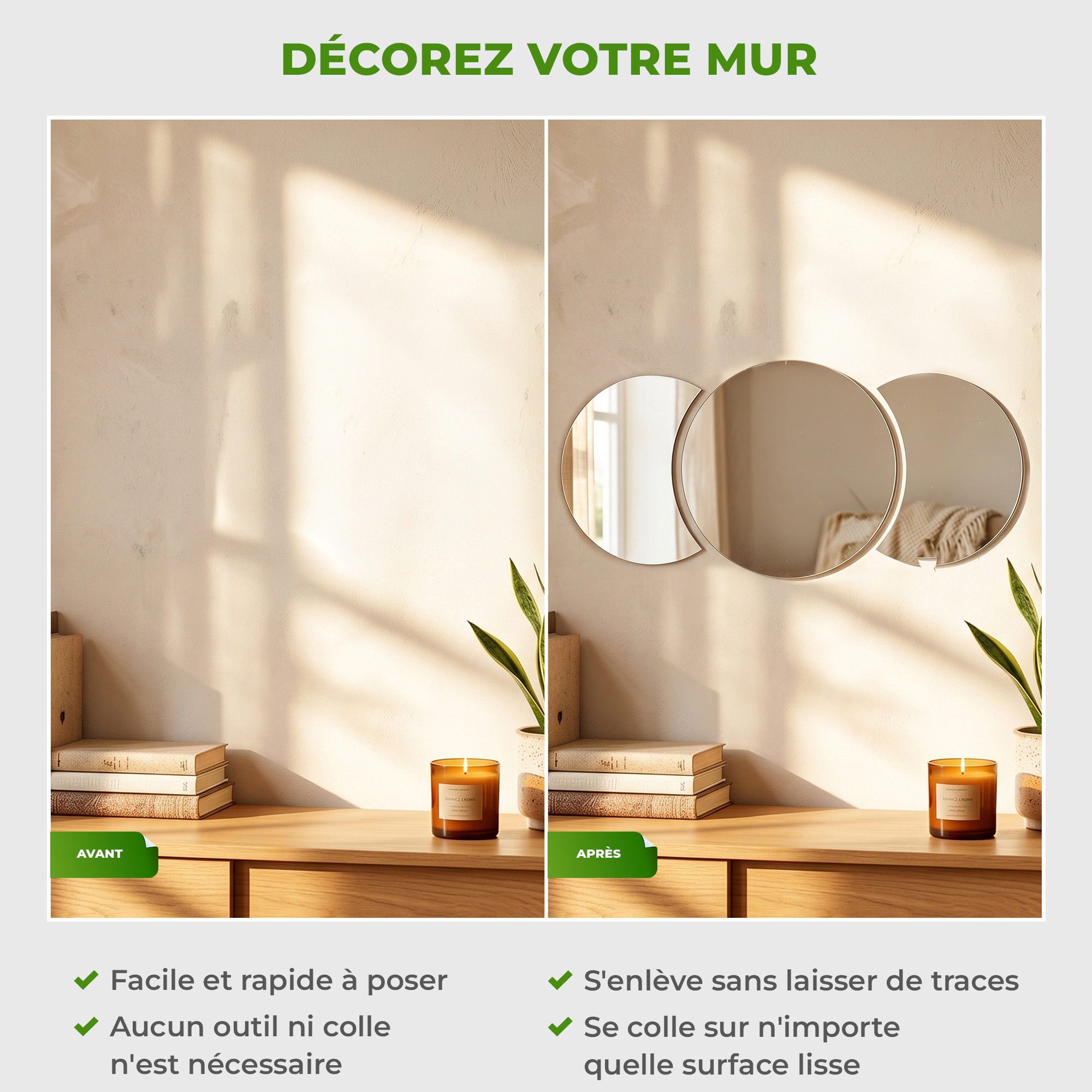 3 stickers miroirs rond et demi-lune