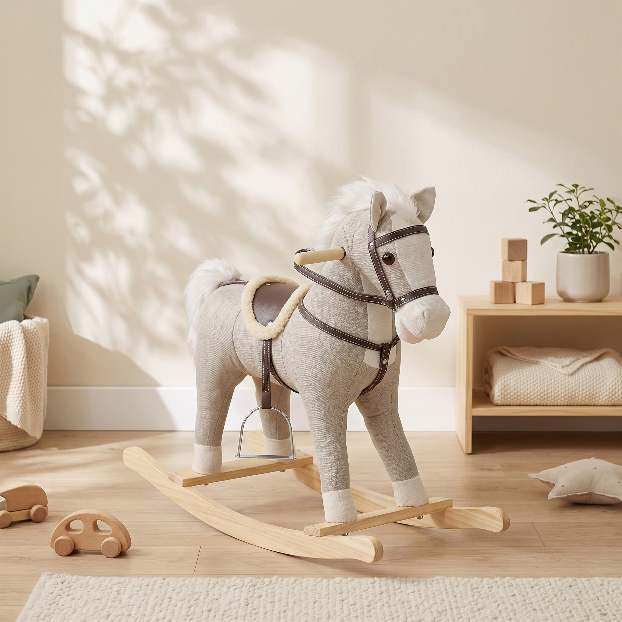 Bascule bébé - cheval à bascule effets sonores hennissement et galop selle étrier rênes gris