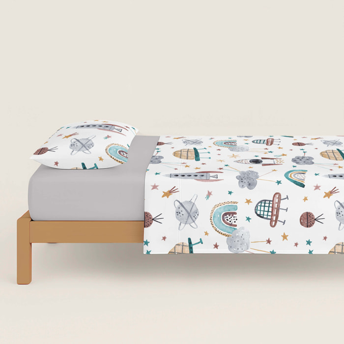 Juego de Sábanas Estampadas - Infantil - 100% Algodón - Incluye 1 Funda de Almohada + 1 Sábana Bajera - Rocket