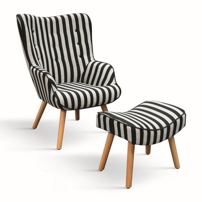 Poltrona HAVANA in tessuto a righe bianco e nero e gambe in legno, con poggiapiedi