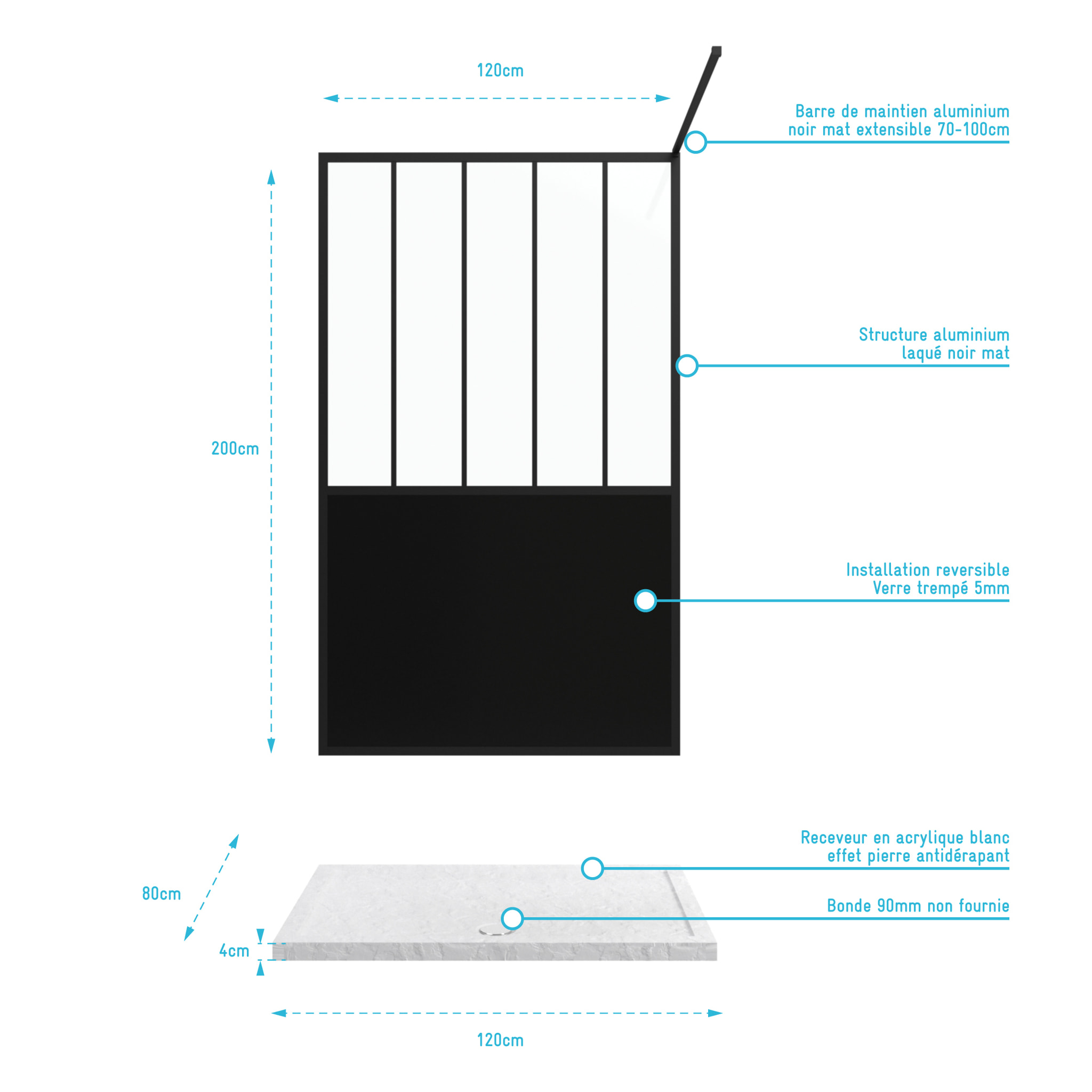 Pack Paroi de douche 120x200 cm noir mat + Receveur a poser rectangle blanc - finition pierre