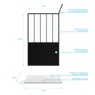 Pack Paroi de douche 120x200 cm noir mat + Receveur a poser rectangle blanc - finition pierre