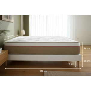 Ensemble Matelas Le Soyeux - 24cm - Ressorts ensachés et mémoire de forme - Equilibré - Sommier kit Beige