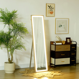 Grand miroir LED pleine longueur 40 x 160 cm autoportant ou à fixer - 3 couleurs luminosité réglable - effet bois gris