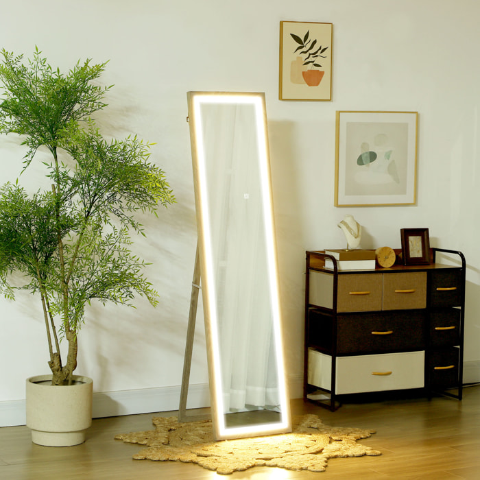 Grand miroir LED pleine longueur 40 x 160 cm autoportant ou à fixer - 3 couleurs luminosité réglable - effet bois gris