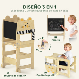 Torre de Aprendizaje 3 en 1 Plegable, Convertible en Escritorio y Silla, Taburete de Aprendizaje para Niños de 2-5 Años con Pizarra, Dibujos de Gatos, para Baño, Cocina, Natural