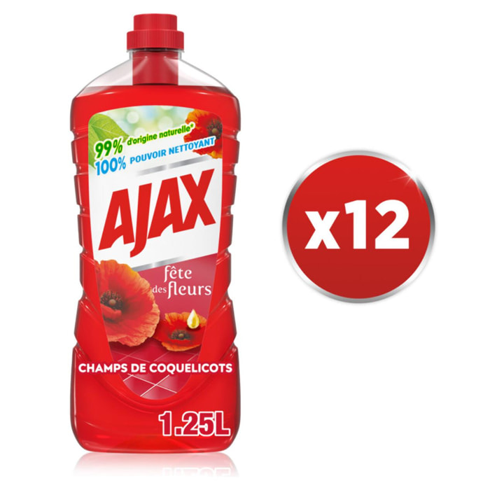 Pack de 12 - AJAX Nettoyant Ménager Sols et Multi Surfaces Fête des Fleurs Champs de Coquelicots 1250ml
