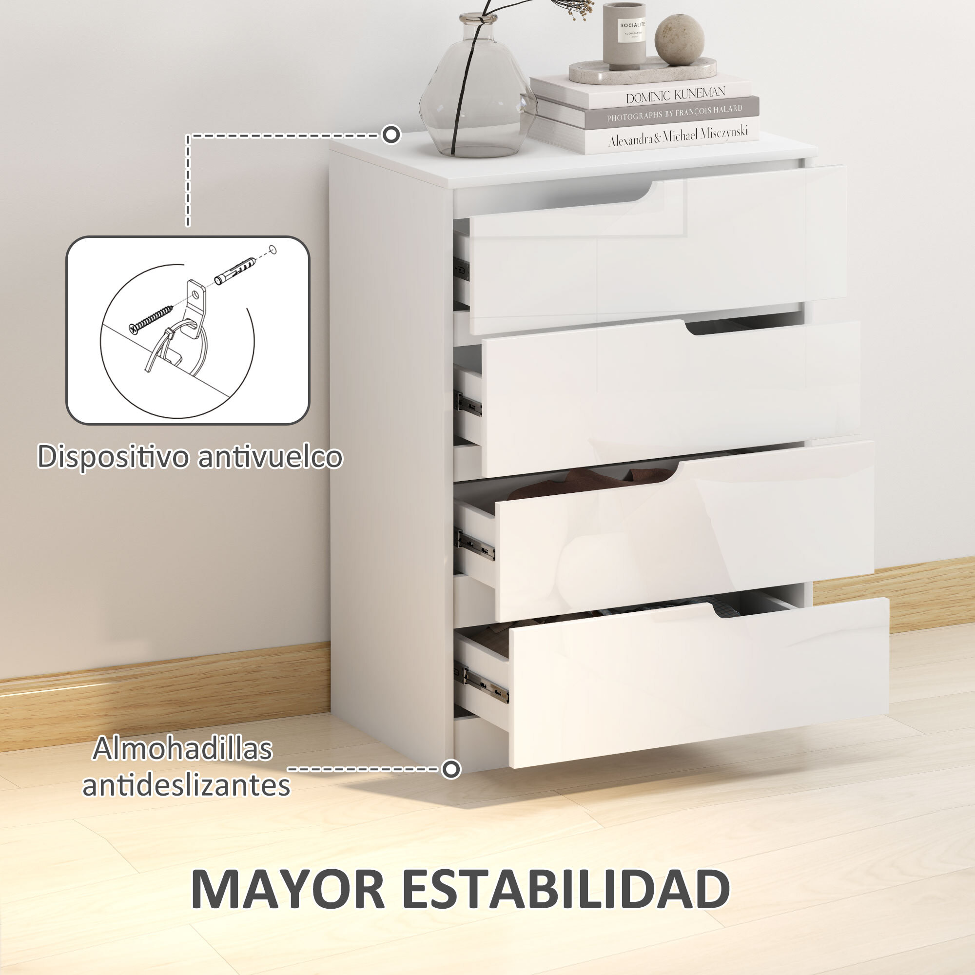 Cómoda con 4 Cajones Cómoda de Dormitorio Moderno con Anti-vuelco Cajonera para Salón Pasillo 60x40x85 cm Blanco