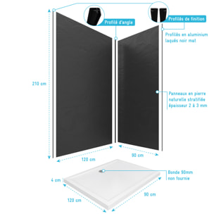 Pack Panneaux Muraux Pierre Finition Ardoise 120+90 - Profilés Noir Mat + Receveur Acrylique 120x90
