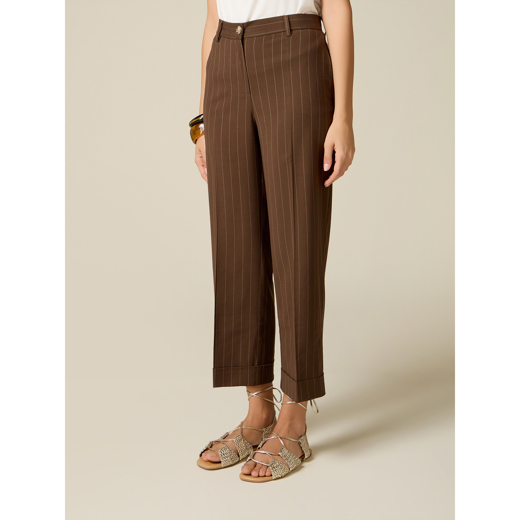 Oltre - Pantalones cropped de rayas diplomáticas mezcla de lino - Marrón