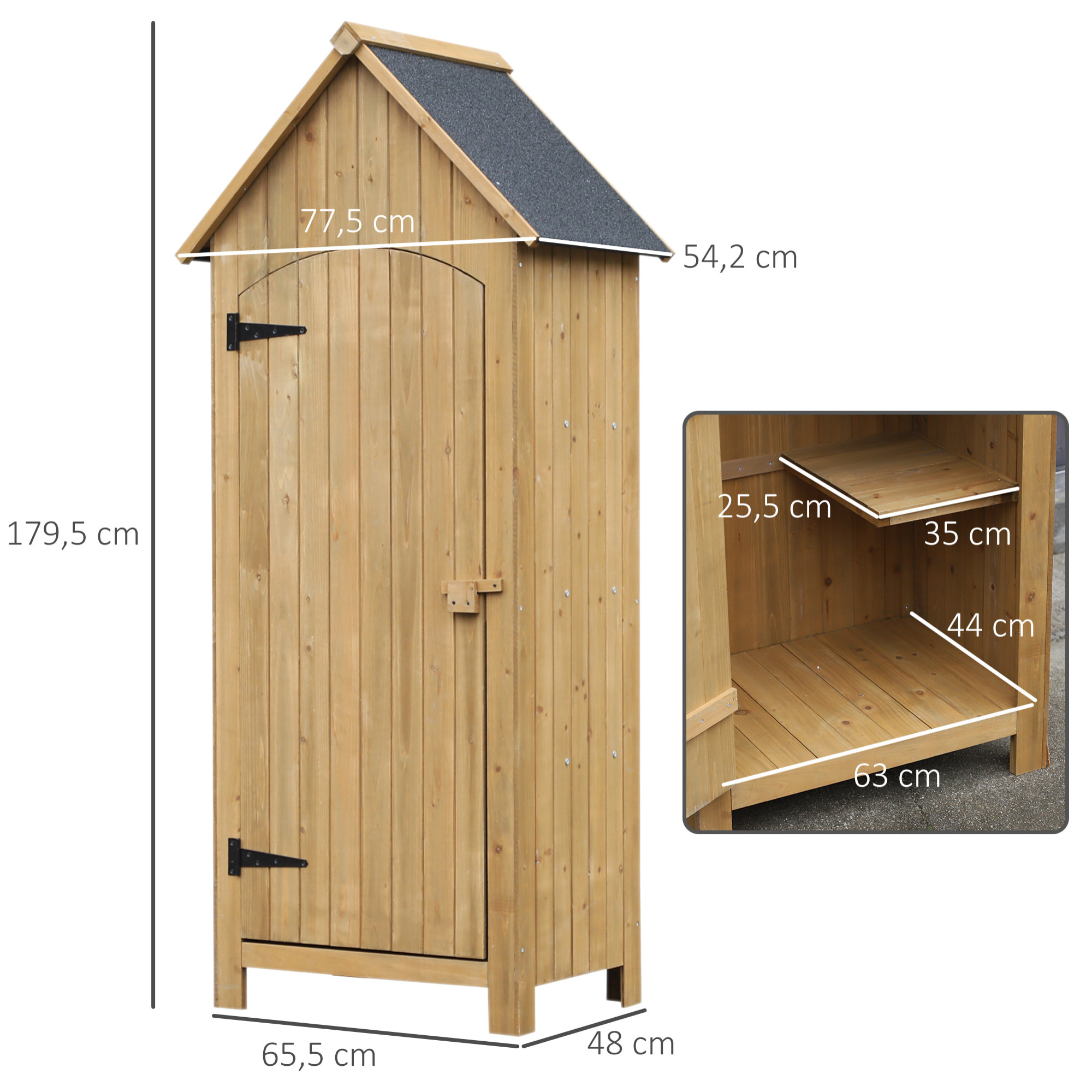 Armoire abri de jardin remise pour outils 3 étagères porte loquet toit pente bitumé dim. 77L x 54l x 179H cm bois sapin pré-huilé