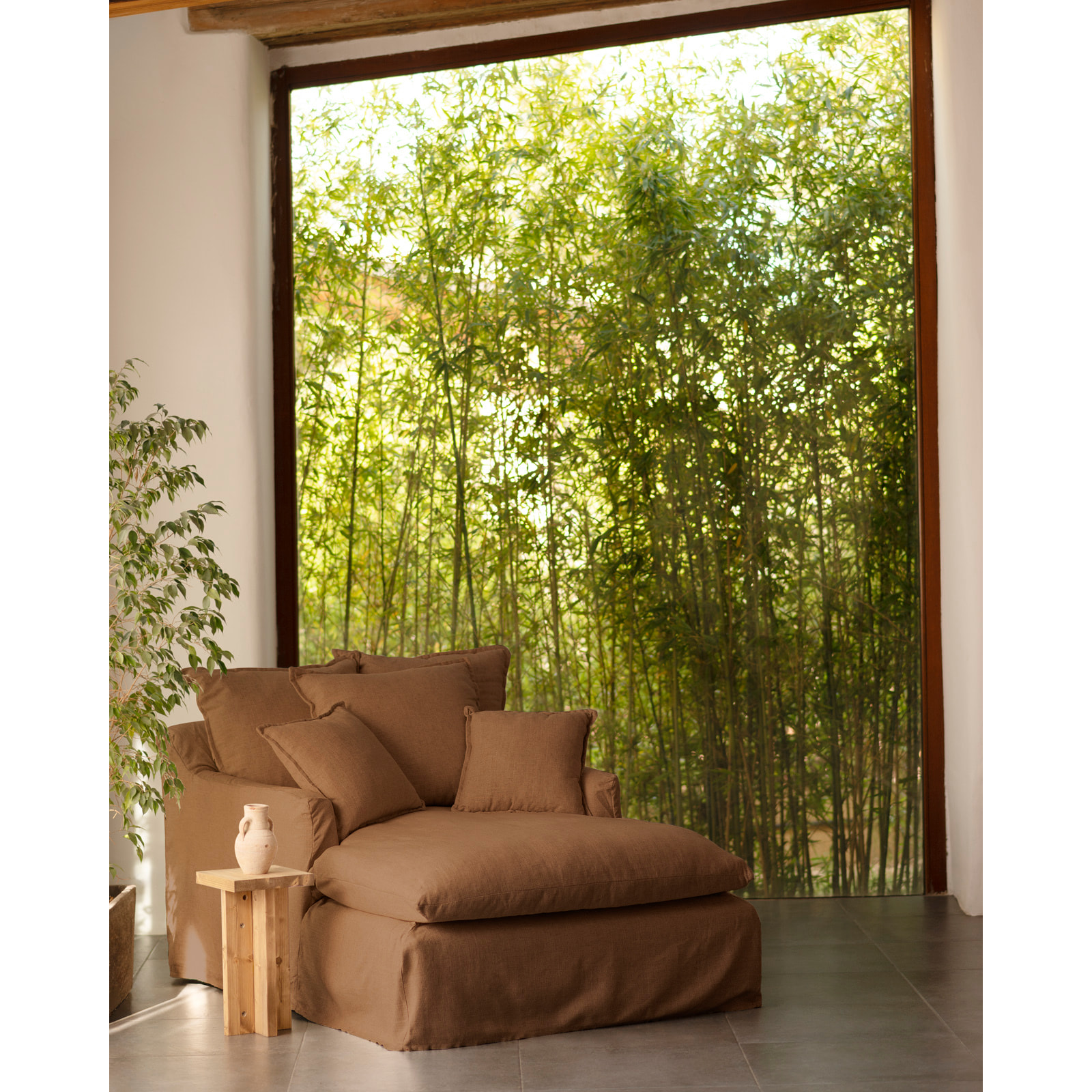 Sillón de algodón y lino color teja de 115x170cm Alto: 73 Largo: 170 Ancho: 115